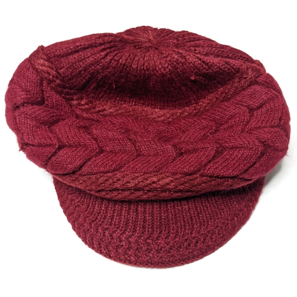 Knitted Rabbit Fur Lined Wool Beret Hat Maroon - Picture 2 of 6